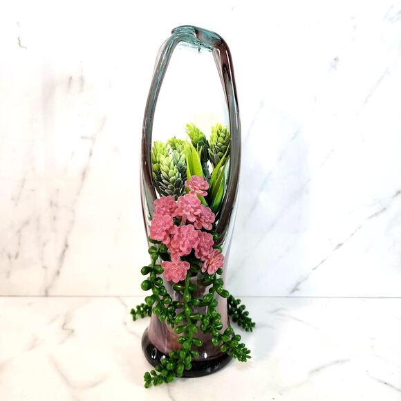 Vintage Hand-Blown Art Glass Basket Vase Swirl Purple Gray Stretched Handle - Picture 1 of 10